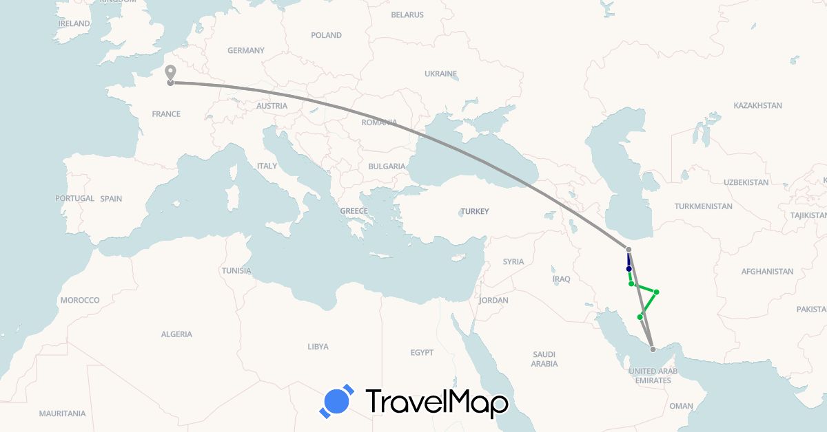 TravelMap itinerary: driving, bus, plane in France, Iran (Asia, Europe)